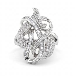 Sculptural White American Diamond Statement Ring with Round & Baguette Cuts in 925 Silver