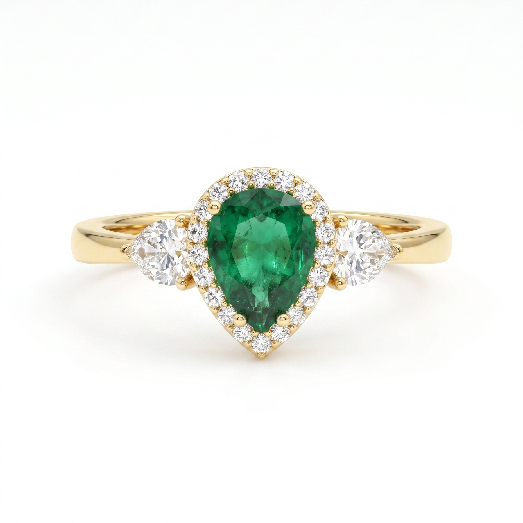 Pear-Cut Green Stone Halo Ring with American Diamond Accents in 925 Silver
