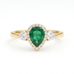 Pear-Cut Green Stone Halo Ring with American Diamond Accents in 925 Silver