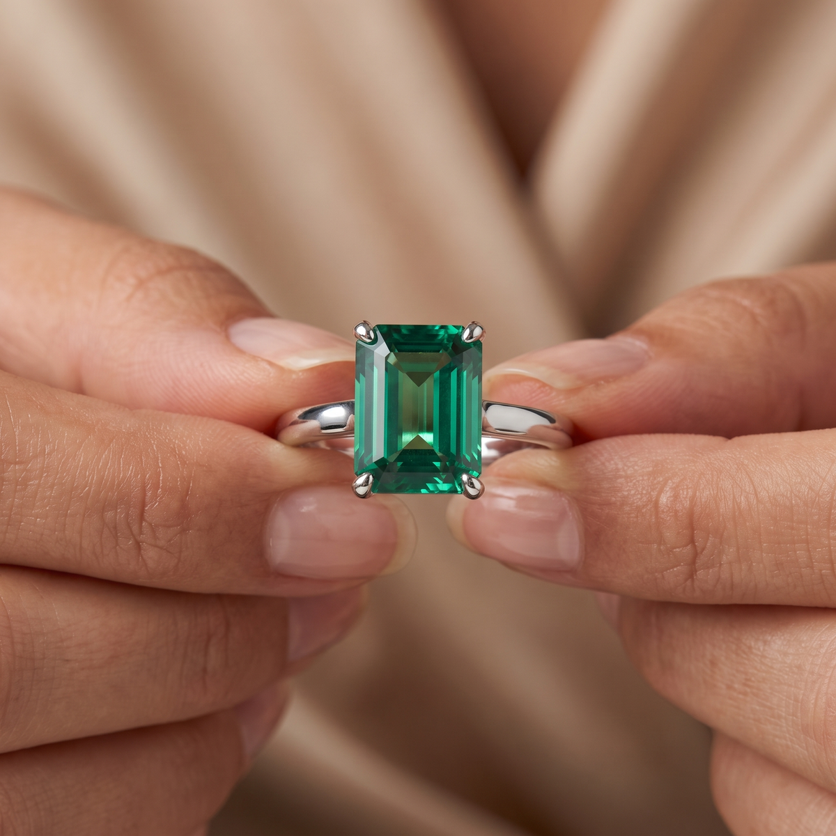 Emerald Green Emerald-Cut American Diamond Solitaire Ring in 925 Silver