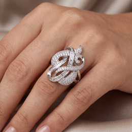 Sculptural White American Diamond Statement Ring with Round & Baguette Cuts in 925 Silver
