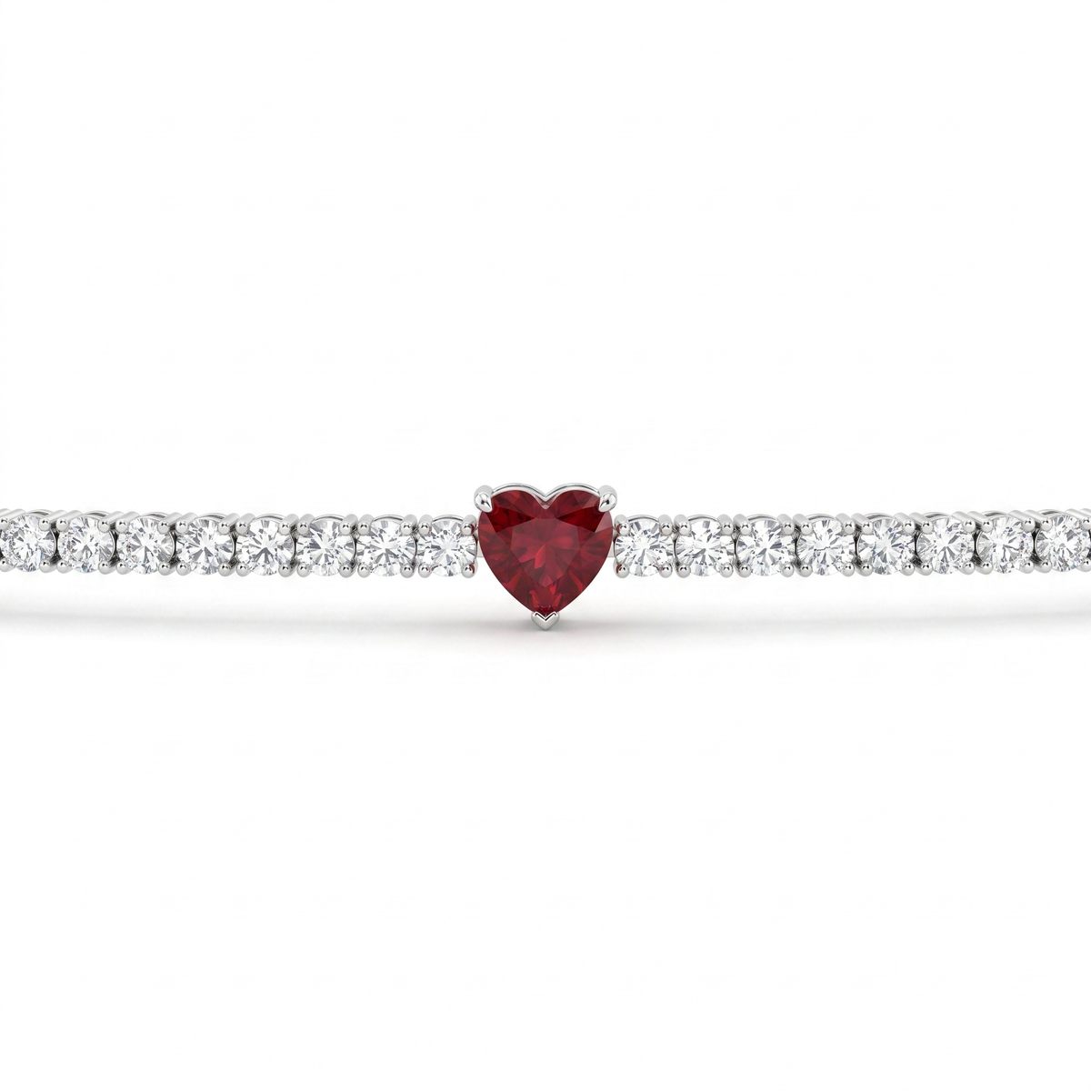 American Diamond Tennis Bracelet with Red Heart Center in 925 Sterling Silver