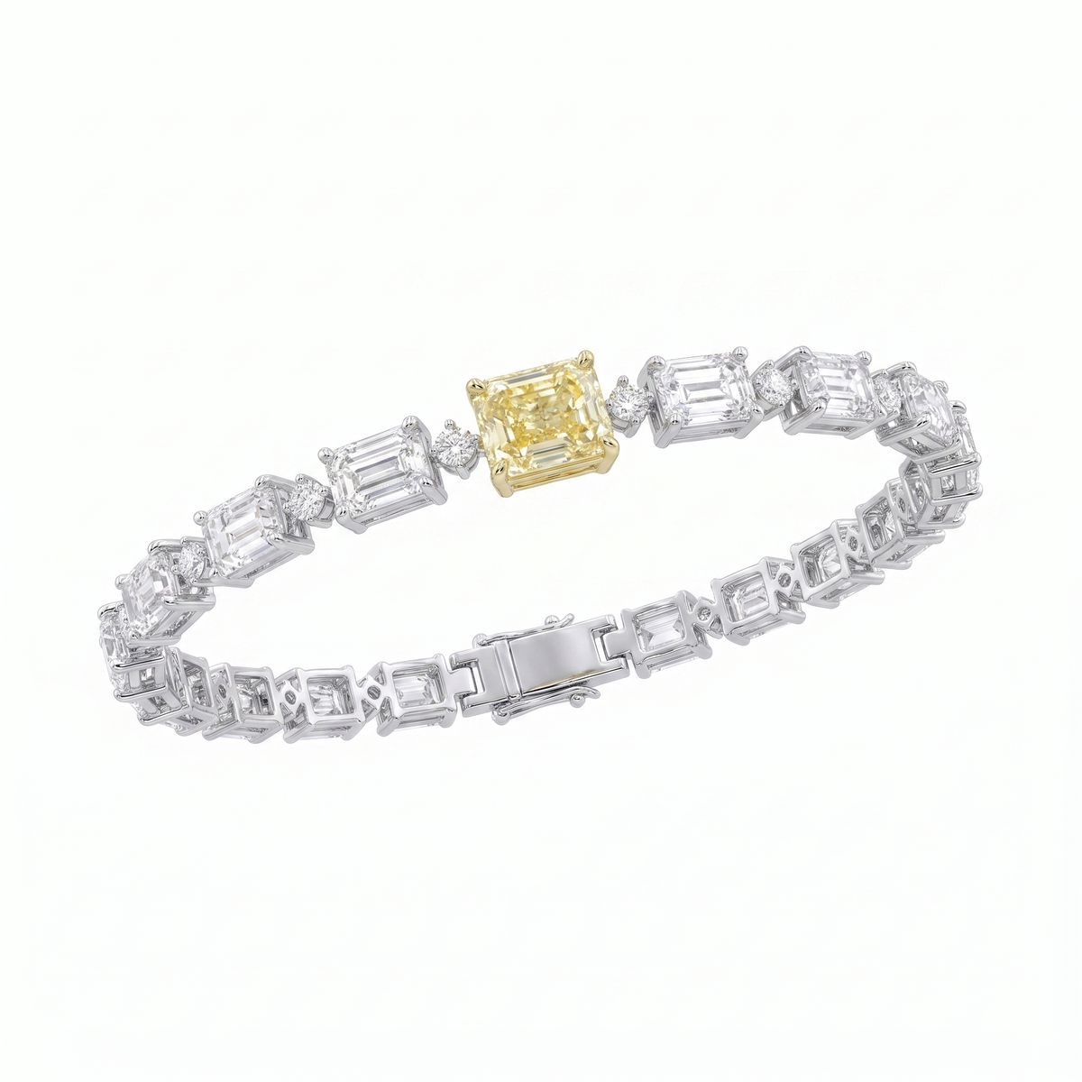 American Diamond Tennis Bracelet with Yellow Emerald-Cut Center Stone in 925 Sterling Silver