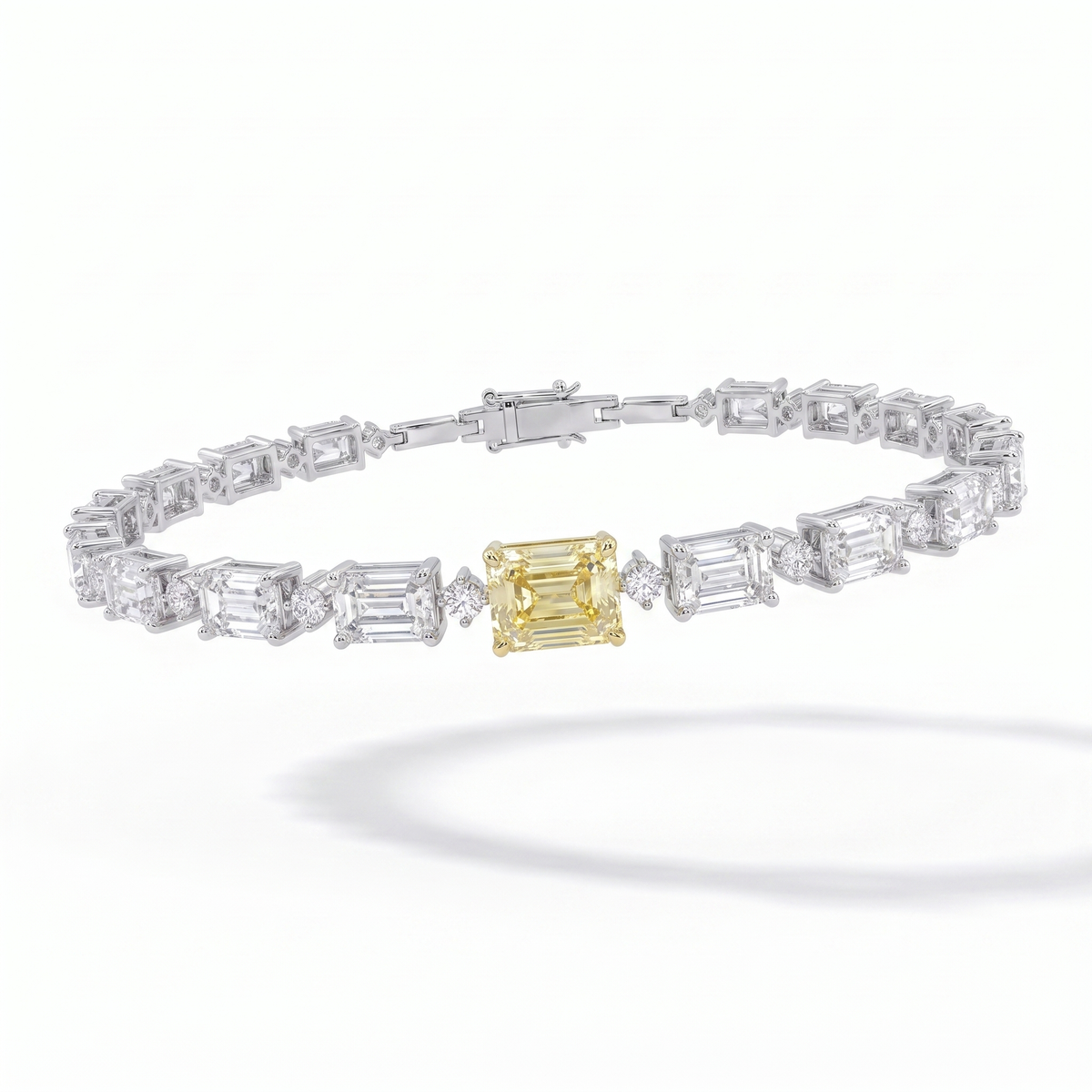 American Diamond Tennis Bracelet with Yellow Emerald-Cut Center Stone in 925 Sterling Silver
