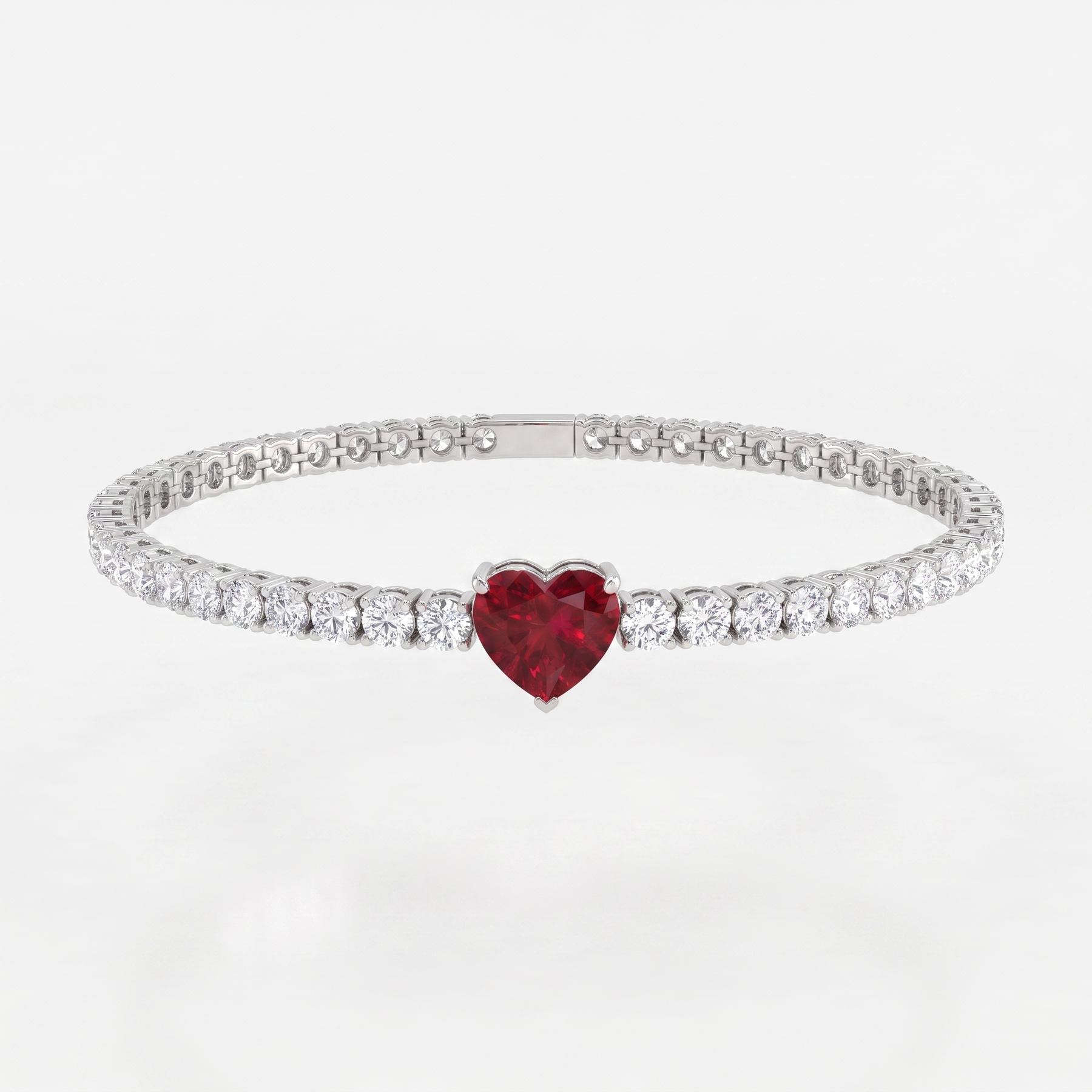 American Diamond Tennis Bracelet with Red Heart Center in 925 Sterling Silver