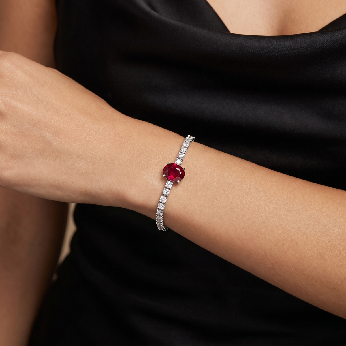 American Diamond Tennis Bracelet with Red Oval Center Stone in 925 Sterling Silver