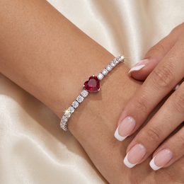 American Diamond Tennis Bracelet with Red Heart Center in 925 Sterling Silver