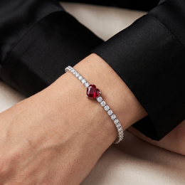 American Diamond Tennis Bracelet with Red Heart Center in 925 Sterling Silver