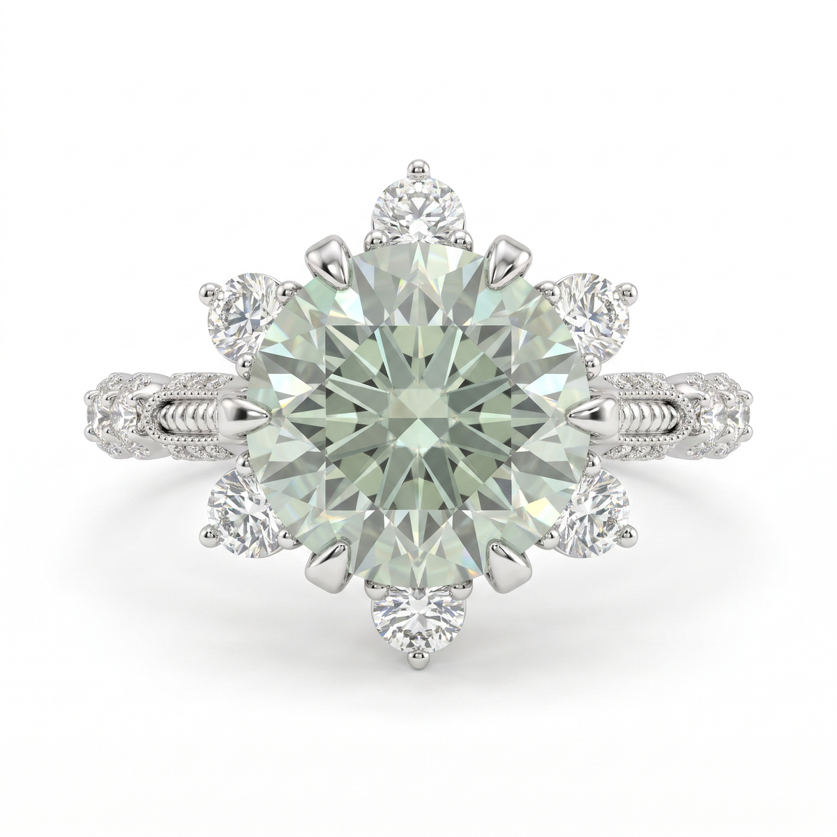 Fancy Light Green Round Lab Created Diamond Starburst Ring | 4.71 CT Lab Created Diamonds | 14K White Gold Main image