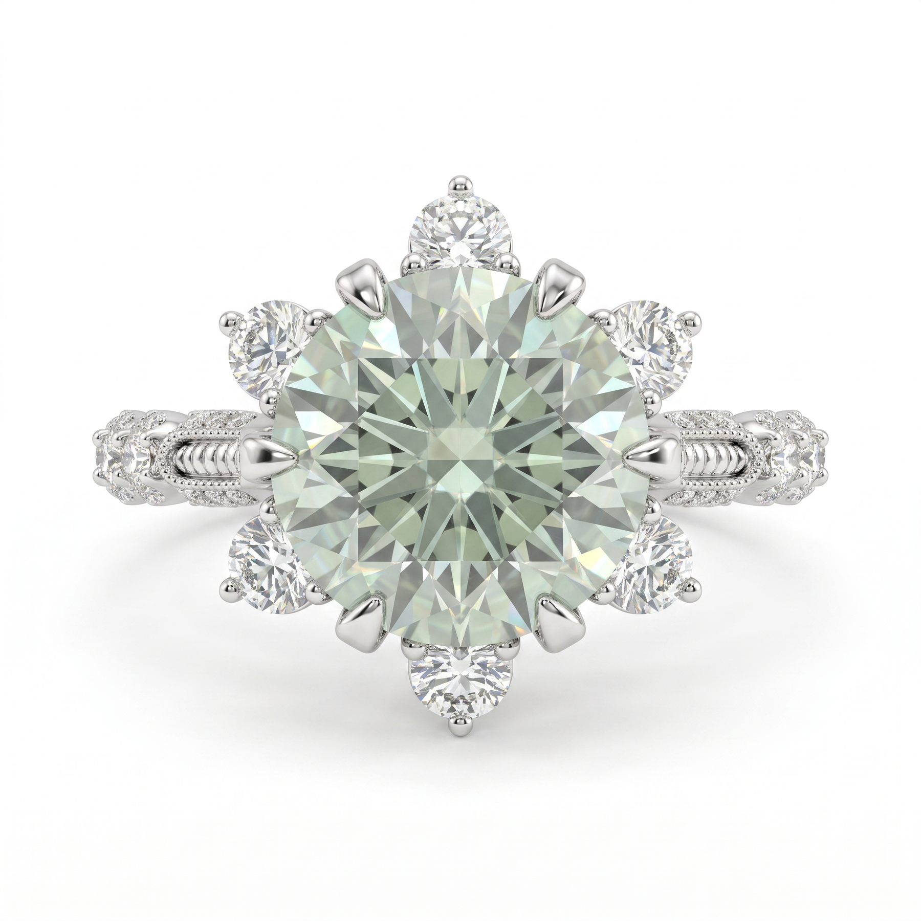 Fancy Light Green Round Lab Created Diamond Starburst Ring | 4.71 CT Lab Created Diamonds | 14K White Gold