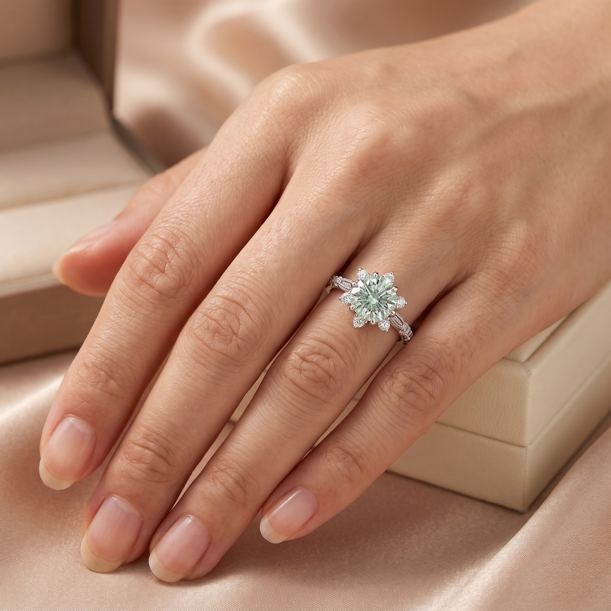 Fancy Light Green Round Lab Created Diamond Starburst Ring | 4.71 CT Lab Created Diamonds | 14K White Gold