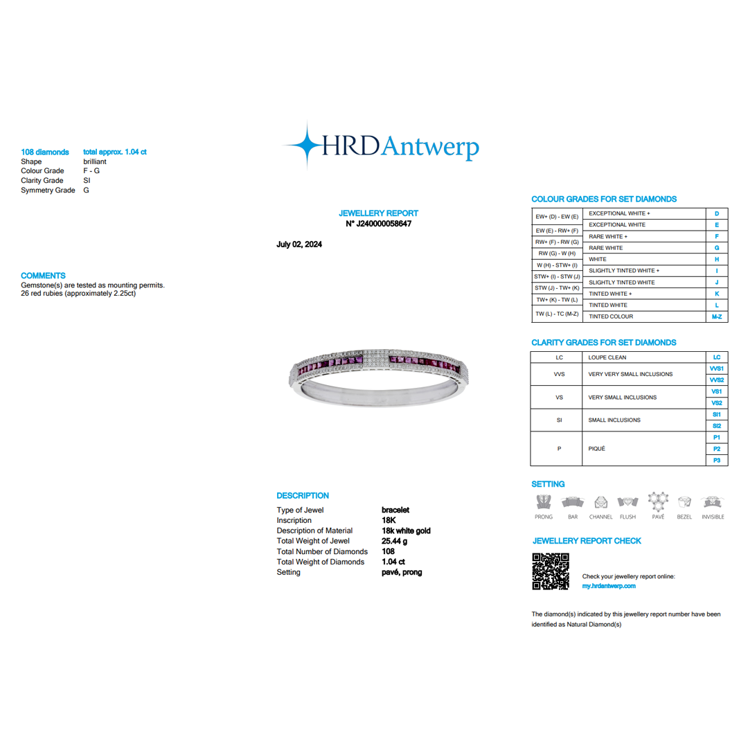 Natural Diamond & Ruby Bracelet in 18K White Gold | 1.04 CT Diamonds | HRD Certified Luxury Bangle-Saleh Sallom