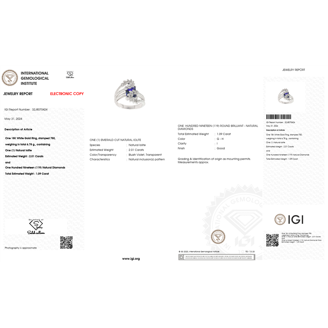 IGI Certified Natural Iolite & Diamond Statement Ring | 2.01 CT Iolite | 1.09 CT Natural Diamonds | 18K White Gold | Saleh Sallom-Saleh Sallom
