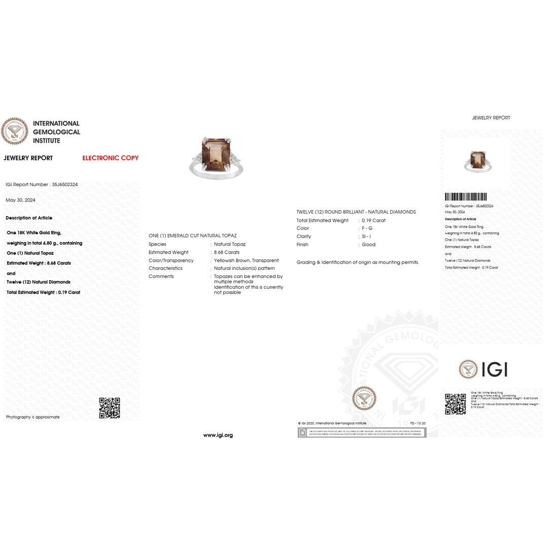 IGI Certified Natural Topaz & Diamond Ring in 18K White Gold | 8.68 CT Emerald-Cut Topaz-Saleh Sallom