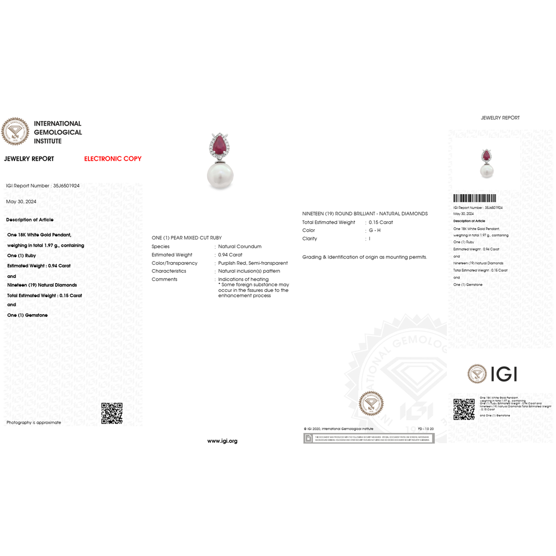 Natural Pearl, Ruby & Diamond Pendant Necklace | IGI Certified | 18K White Gold Luxury Necklace-Saleh Sallom