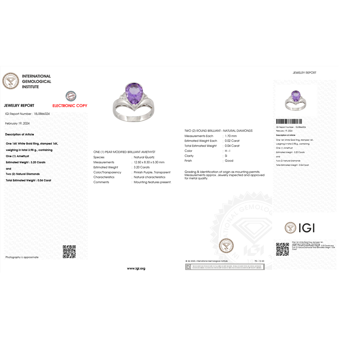 3.20 Carat Natural Amethyst & Diamond Ring in 14K White Gold | IGI Certified | Saleh Sallom-Saleh Sallom