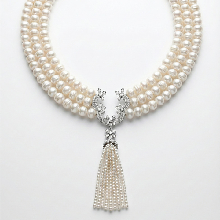 Natural Pearl & Diamond Multi-Strand Necklace in White Gold-Saleh Sallom Main image
