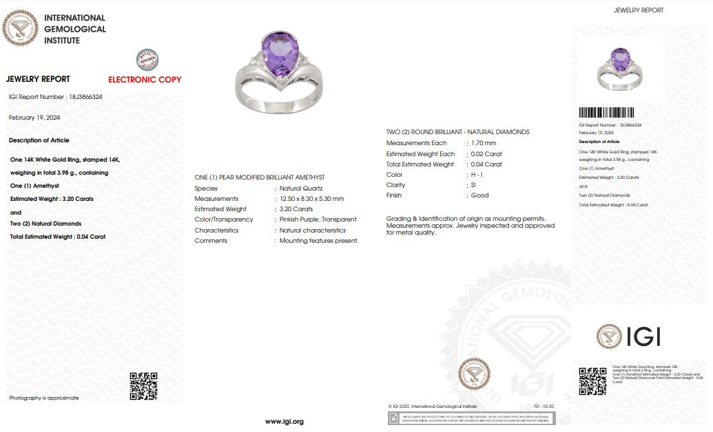 3.20 Carat Natural Amethyst & Diamond Ring in 14K White Gold | IGI Certified | Saleh Sallom
